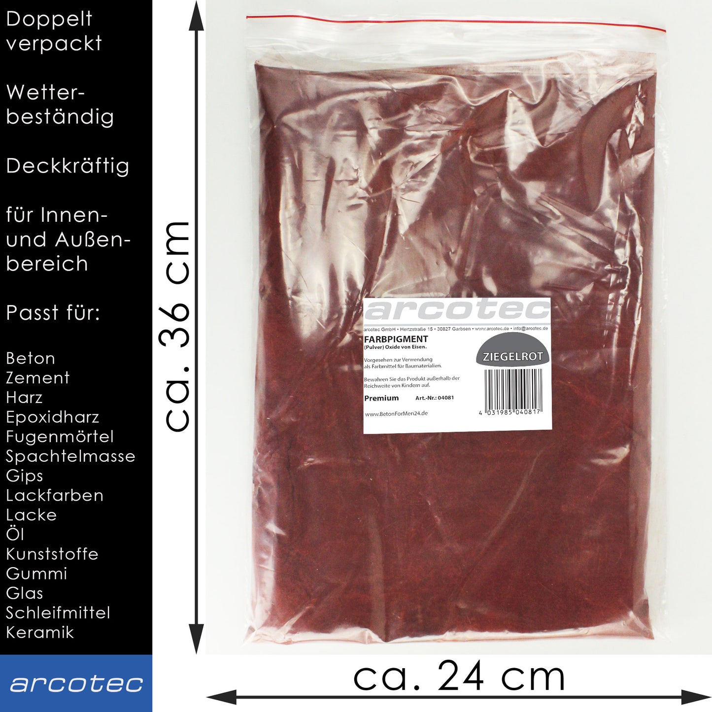 Ziegelrot Eisenoxidfarbe für Beton / Zement / Gips / Putz / Harz / Öl - 1kg Verpackung