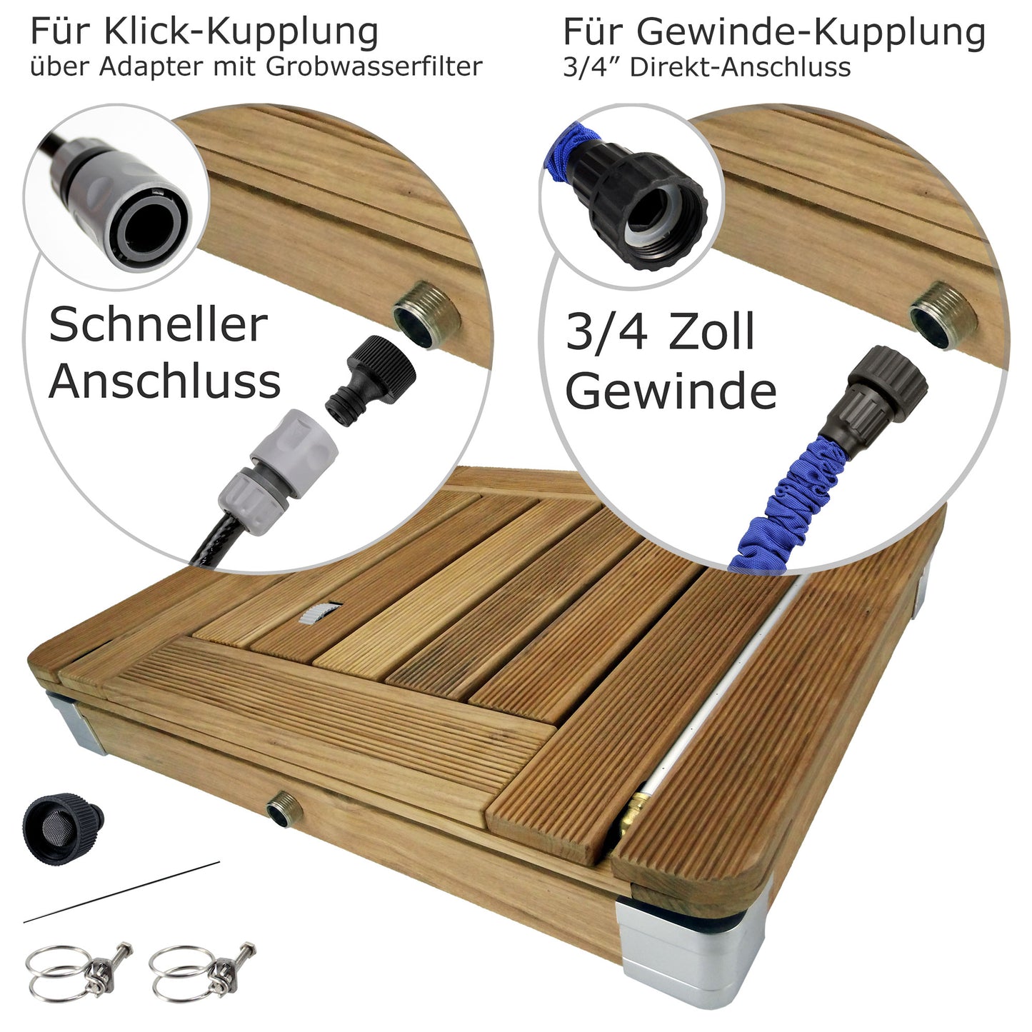 Bodendusche aus Teakholz mit Start/Stopp Funktion