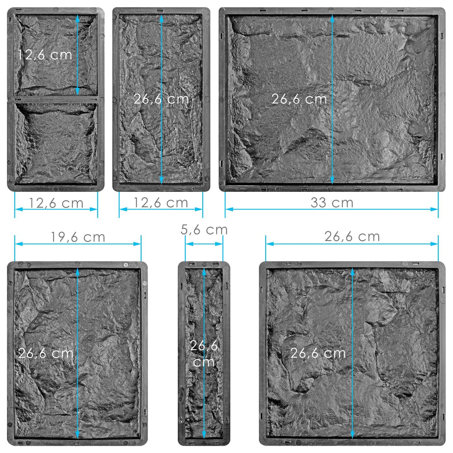 Kunststoff-Formenset für Wandfliesen - 6 Formen - Abmessungen