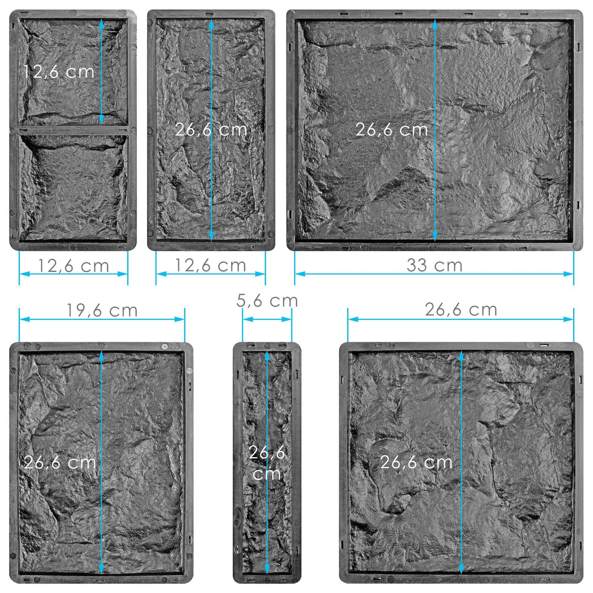 Kunststoff-Formenset für Wandfliesen - 6 Formen - Abmessungen